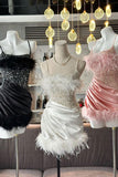 Niulatu Sheath Sequins Spaghetti Straps Homecoming Dresses With Feather HZ1110