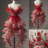 Niulatu High Low Spaghetti Straps Red Knee Length Homecoming Dress Lace Birthday Dresses HZ1110