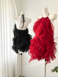 Niulatu Sheath Halter Red Short Homecoming Dresses With Ruffles HZ1110