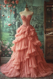 Niulatu Ball Gown Sweetheart Ruffles Lace Pink Long Prom Dress Evening Dresses HZ1110