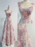 Niulatu A line Straps Sequin Flowers Long Pink Prom Dress Evening Dresses HZ1110