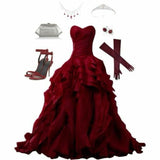 Niulatu Ball Gown Sweetheart Ruffles Burgundy Long Prom Dress Evening Dresses HZ1110