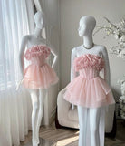 Niulatu A line Strapless Ruffles Pink Homecoming Dress Short Birthday Outfits HZ1110