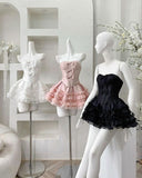 Niulatu A Line Strapless Ruffles Short Pink Homecoming Dresses Black Birthday Outfits HZ1110