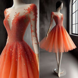 Niulatu Ball Gown Scoop Beads Long Sleeves Orange Homecoming Dress Short Birthday Outfits HZ1110