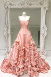 Niulatu Ball Gown Strapless Pink Taffeta Long Prom Dress Evening Dresses With Ruffles HZ1110
