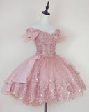 Niulatu Ball Gown Off The Shoulder Lace Pink Homecoming Dress Short Birthday Outfit HZ1110