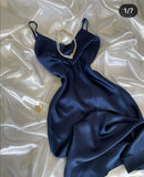 Niulatu A Line Spaghetti Straps Silk Satin Long Navy Blue Prom Dress Evening Dresses HZ1110