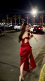 Niulatu Sheath Off The Shoulder Short Sleeves Red Long Prom Dresses HZ1110