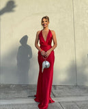Niulatu Mermaid Halter V Neckline Slim Fit Satin Red Prom Dress Long Evening Dresses HZ1110