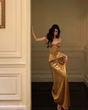 Niulatu Mermaid Straps Slim Fit Gold Velvet Prom Dress Long Evening Dresses HZ1110