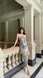 Niulatu Sheath Straps Slim Fit Sequin Silver Prom Dress Slit Evening Dresses HZ1110