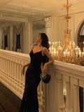 Niulatu Sheath Spagehtti Straps Slim Fit Sequin Black Prom Dress Long Evening Dresses HZ1110