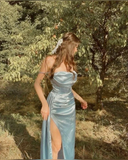 Niulatu Sheath Spagehtti Straps Slim Fit Light Sky Blue Prom Dress Slit Evening Dresses HZ1110