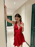 Niulatu A Line Halter Satin Short Red Homecoming Dresses 21st Birthday Outfit HZ1110