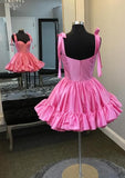 Niulatu A Line Straps Pink Short Satin Homecoming Dresses 21st Birthday Outfit HZ1110