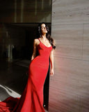 Niulatu Mermaid Straps Red Satin Long Prom Dress Evening Dresses HZ1110