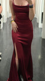 Niulatu Mermaid Straps Burgundy Slit Satin Long Prom Dress Evening Dresses HZ1110