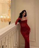 Niulatu Mermaid Straps Burgundy Lace Long Prom Dress Evening Dresses HZ1110