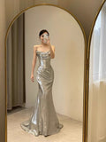 Niulatu Mermaid Spaghetti Straps Silver Sequin Long Prom Dress Evening Dresses HZ1110