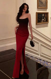 Niulatu Mermaid Strapless Ombre Burgundy Satin Long Prom Dress Evening Dresses HZ1110
