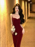 Niulatu Mermaid Straps Velvet Burgundy Long Prom Dress Evening Dresses HZ1110
