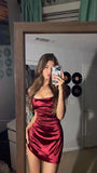 Niulatu Sheath Spaghetti Straps Burgundy Short Satin Homecoming Dresses Party Dress HZ1110