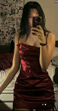 Niulatu Sheath Spaghetti Straps Burgundy Short Satin Homecoming Dresses Cocktail Dress HZ1110