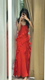 Niulatu Sheath Spaghetti Straps Chiffon Red Long Prom Dress Evening Dresses HZ1110