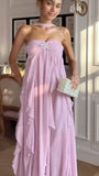 Niulatu A line Strapless Chiffon Pink Long Prom Dress Evening Dresses HZ1110