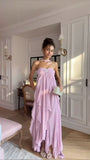 Niulatu A line Strapless Chiffon Pink Long Prom Dress Evening Dresses HZ1110