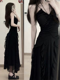 Niulatu Sheath Spaghetti Straps Chiffon Sleeveless Black Long Prom Dress Evening Dresses HZ1110