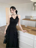 Niulatu Sheath Spaghetti Straps Chiffon Sleeveless Black Long Prom Dress Evening Dresses HZ1110