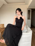 Niulatu Sheath Spaghetti Straps Chiffon Sleeveless Black Long Prom Dress Evening Dresses HZ1110