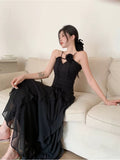 Niulatu Sheath Spaghetti Straps Chiffon Sleeveless Black Long Prom Dress Evening Dresses HZ1110