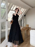 Niulatu Sheath Spaghetti Straps Chiffon Sleeveless Black Long Prom Dress Evening Dresses HZ1110