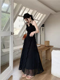 Niulatu Sheath Spaghetti Straps Chiffon Sleeveless Black Long Prom Dress Evening Dresses HZ1110