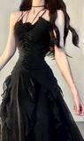 Niulatu Sheath Spaghetti Straps Chiffon Sleeveless Black Long Prom Dress Evening Dresses HZ1110