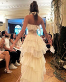 Niulatu Sheath Strapless Chiffon Sleeveless Ivory Long Prom Dress Evening Dresses HZ1110