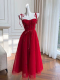 Niulatu A line Spaghetti Straps Red Slim Fit Tulle Prom Dress Evening Dresses HZ1110