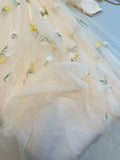 Niulatu A Line Square Neckline Yellow Floral Lace Prom Dress Evening Dresses HZ1110