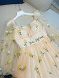 Niulatu A Line Square Neckline Yellow Floral Lace Prom Dress Evening Dresses HZ1110