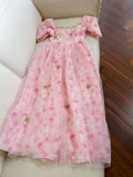 Niulatu A Line Square Neckline Pink Floral Tulle Prom Dress Evening Dresses HZ1110