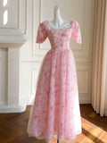 Niulatu A Line Square Neckline Pink Floral Tulle Prom Dress Evening Dresses HZ1110