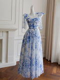Niulatu A Line Spaghetti Straps Long Blue Floral Prom Dress Evening Dresses HZ1110