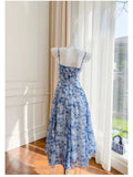 Niulatu A Line Spaghetti Straps Chiffon Floral Blue Prom Dress Evening Dresses HZ1110