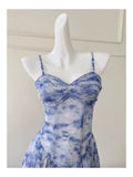 Niulatu A Line Spaghetti Straps Chiffon Floral Blue Prom Dress Evening Dresses HZ1110