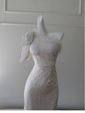 Niulatu Sheath One Shoulder Sequin Slit Prom Dress White Formal Dresses HZ1110