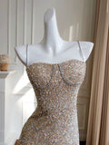 Niulatu Sheath Spaghetti Straps Champagne Sequin Prom Dress Formal Dresses HZ1110