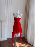 Niulatu Sheath Spaghetti Straps Red Chiffon Ruffled Short Homecoming Dresses Birthday Outfits HZ1110
